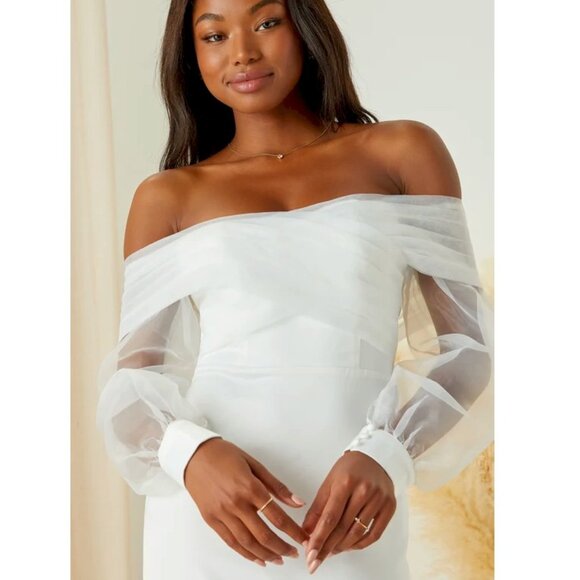 Blissfully Loved White Satin Organza Off-the-Shoulder Maxi Dress Medium NWOT - Picture 4 of 5